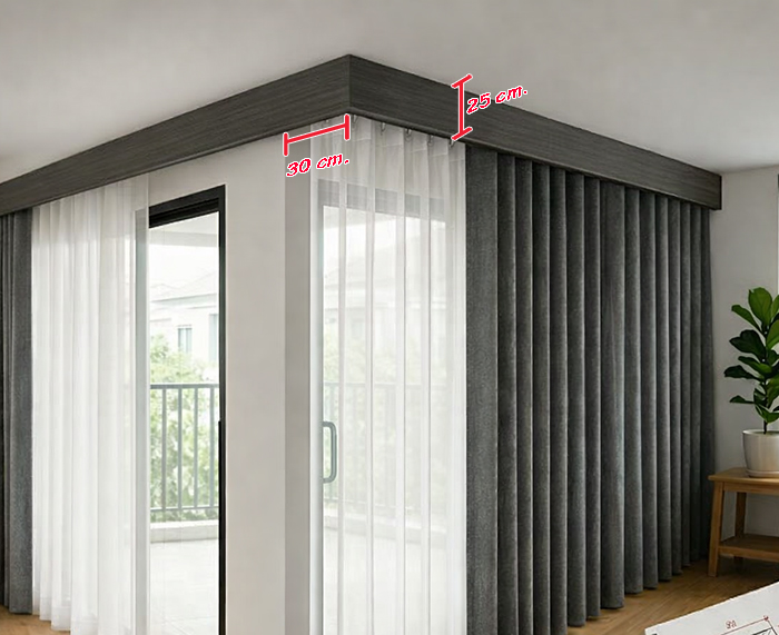 ตัวอย่างการติดตั้งม่านลอนพร้อมผ้าโปร่ง สำหรับอธิบายวิธีวัดขนาดม่านลอนก่อนสั่งตัด