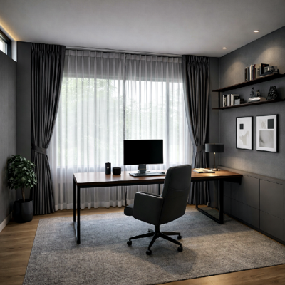 ห้องทำงานสไตล์มินิมอลที่มีโต๊ะไม้ติดหน้าต่าง เก้าอี้ทำงาน พืชกระถาง ชั้นลอย และแสงธรรมชาติส่องทั่วห้อง