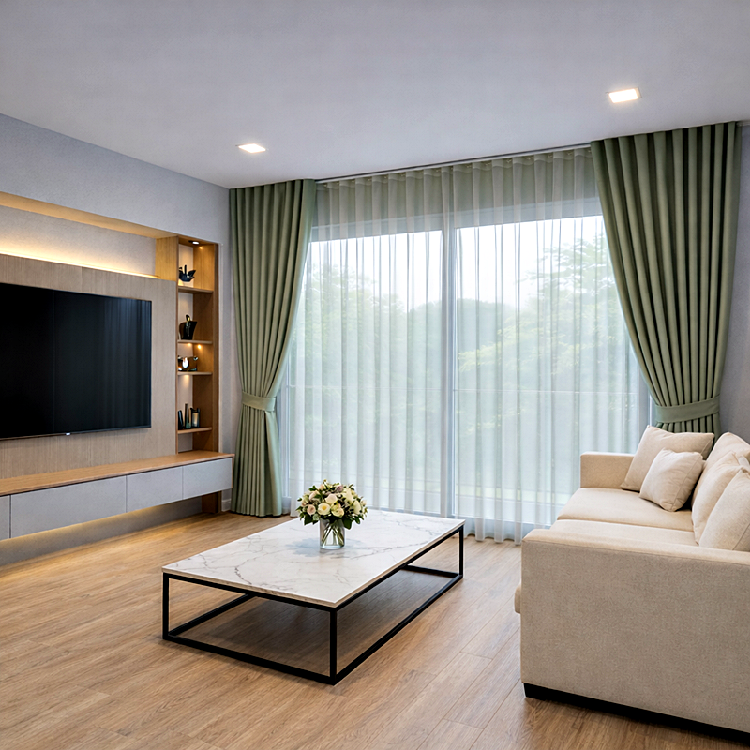 ผ้าม่านลอนทึบ-โปร่งสีเขียวหม่น_ห้องนั่งเล่นที่ทันสมัย