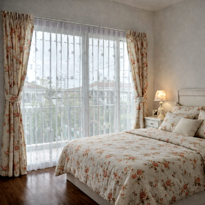 ม่านจีบลายดอกไม้ทึป-โปร่ง-ห้องนอน