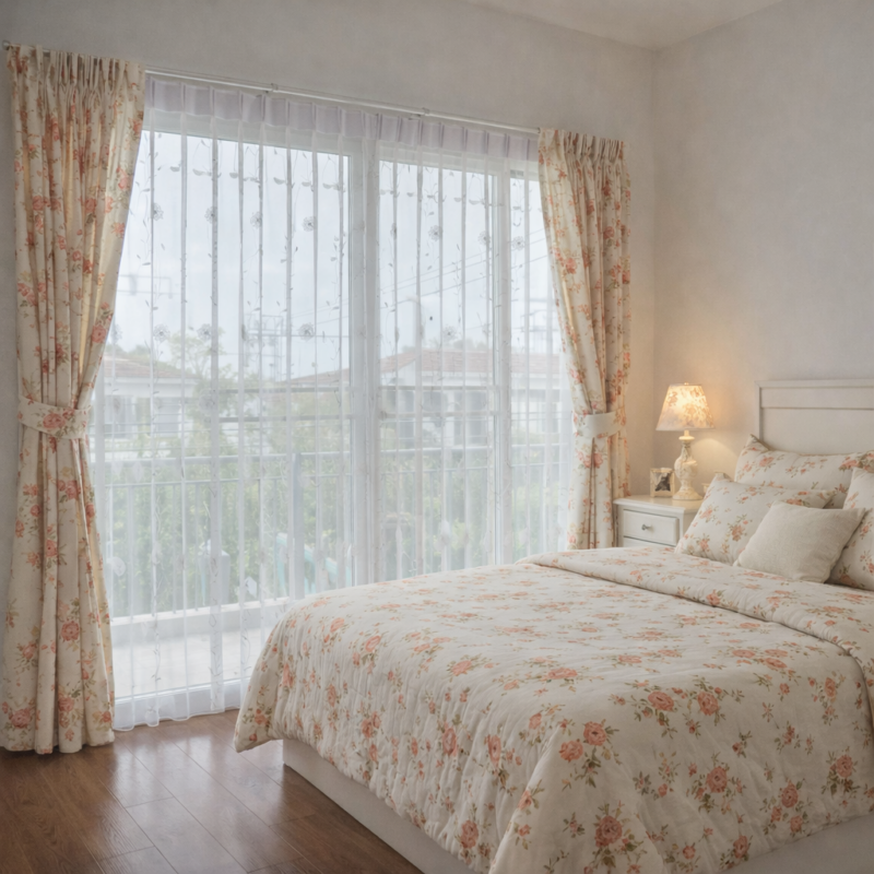 ม่านจีบลายดอกไม้ตกแต่งห้องนอนสไตล์อบอุ่น พร้อมผ้าม่านโปร่งรับแสงธรรมชาติ