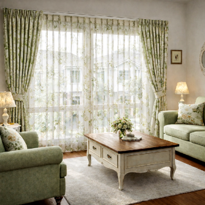 ผ้าม่านจีบลายดอกไม้ติดตั้งคู่ผ้าม่านโปร่งในห้องนั่งเล่นสไตล์วินเทจ เพิ่มบรรยากาศอบอุ่นและสวยงาม