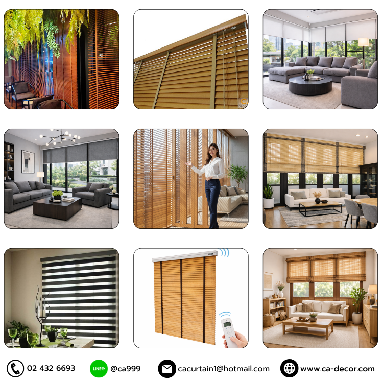 ติดตั้งม่านม้วนสีเทา มู่ลี่ไม้ และม่านปรับแสงในห้องทำงานและห้องนั่งเล่นสไตล์โมเดิร์น