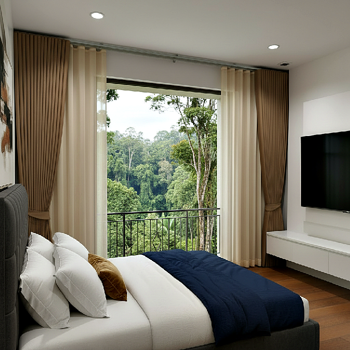 ผ้าม่านลอนทึบสีน้ำตาลคู่ผ้าโปร่งสีครีม ติดตั้งหน้าต่างห้องนอนวิวธรรมชาติ