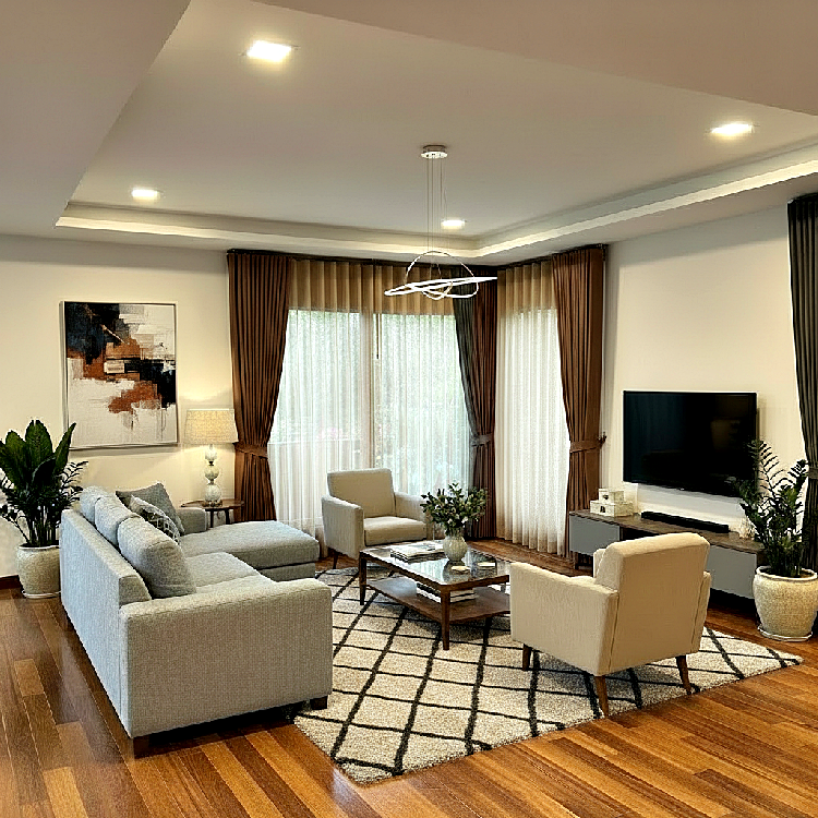 ผ้าม่านลอนสีน้ำตาลเข้มคู่ผ้าโปร่งสีขาว ติดตั้งในห้องรับแขกสไตล์โมเดิร์นอบอุ่น