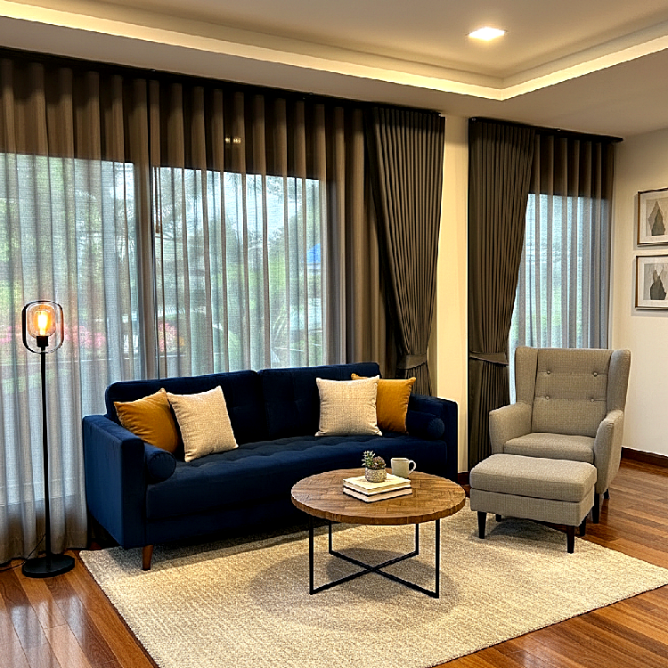 ผ้าม่านลอนสีน้ำตาลเข้มแบบทึบคู่ผ้าโปร่งสีเทา ติดตั้งในห้องรับแขกสไตล์โมเดิร์น