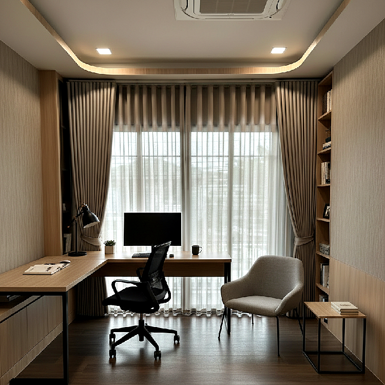 ผ้าม่านลอนสีโอวัลตินแบบทึบคู่ผ้าโปร่งสีขาว ติดตั้งในห้องทำงานสไตล์โมเดิร์น