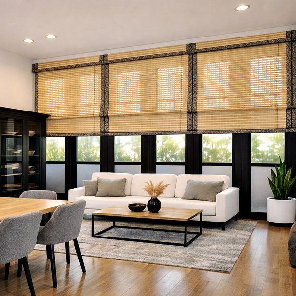 ม่านไม้ไผ่ติดตั้งในห้องนั่งเล่นสไตล์โมเดิร์น โทนอบอุ่น กรองแสงนุ่มนวล