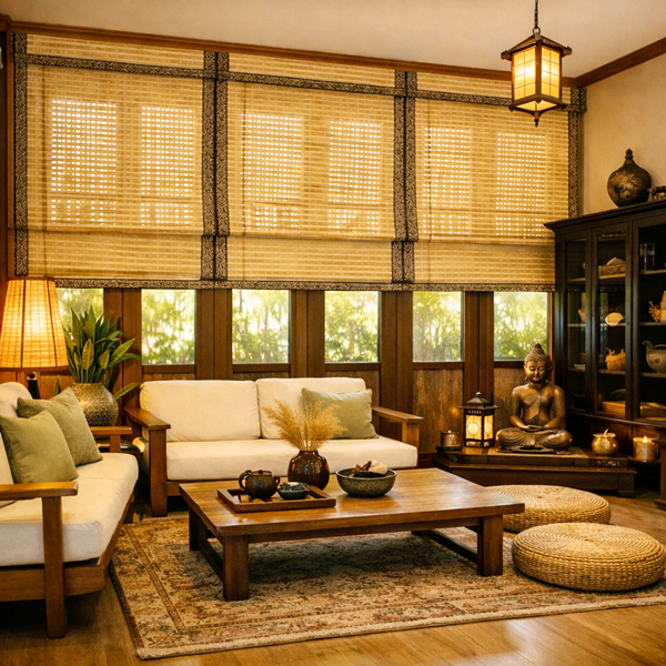 ม่านไม้ไผ่ตกแต่งห้องนั่งเล่นแนวตะวันออก แสงอบอุ่น บรรยากาศผ่อนคลาย