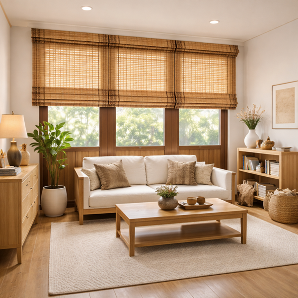 ม่านไม้ไผ่ DB280M ติดตั้งในห้องนั่งเล่นสไตล์มินิมอล โทนไม้ธรรมชาติ แสงนุ่มสบายตา