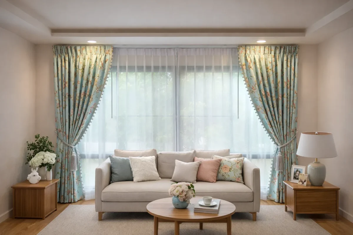 ผ้าม่านลายดอกโทนฟ้าอ่อนคู่ผ้าม่านโปร่งสีขาว สไตล์อบอุ่นละมุนแบบ CA Decor ในห้องนั่งเล่น