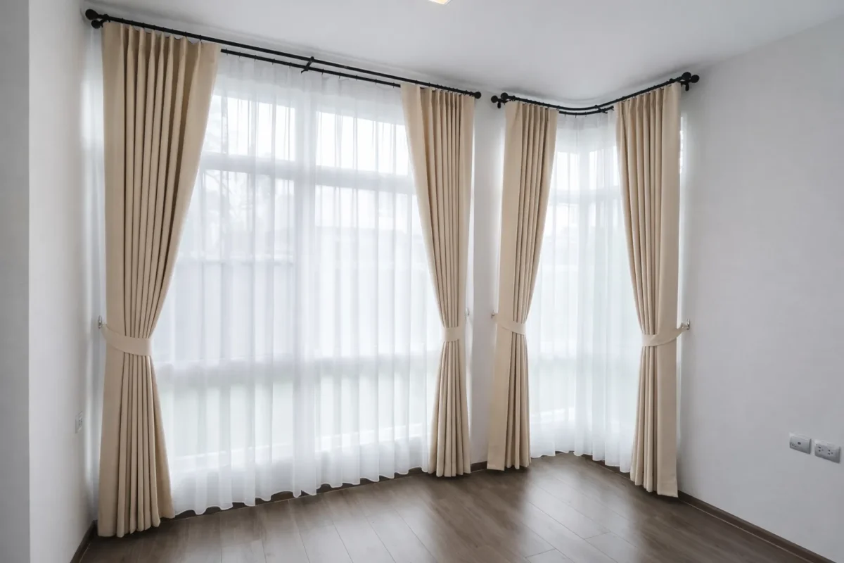 ผ้าม่านจีบสีเบจรางโค้งคู่ผ้าม่านโปร่งสีขาว สไตล์อบอุ่นเรียบหรูแบบ CA Decor