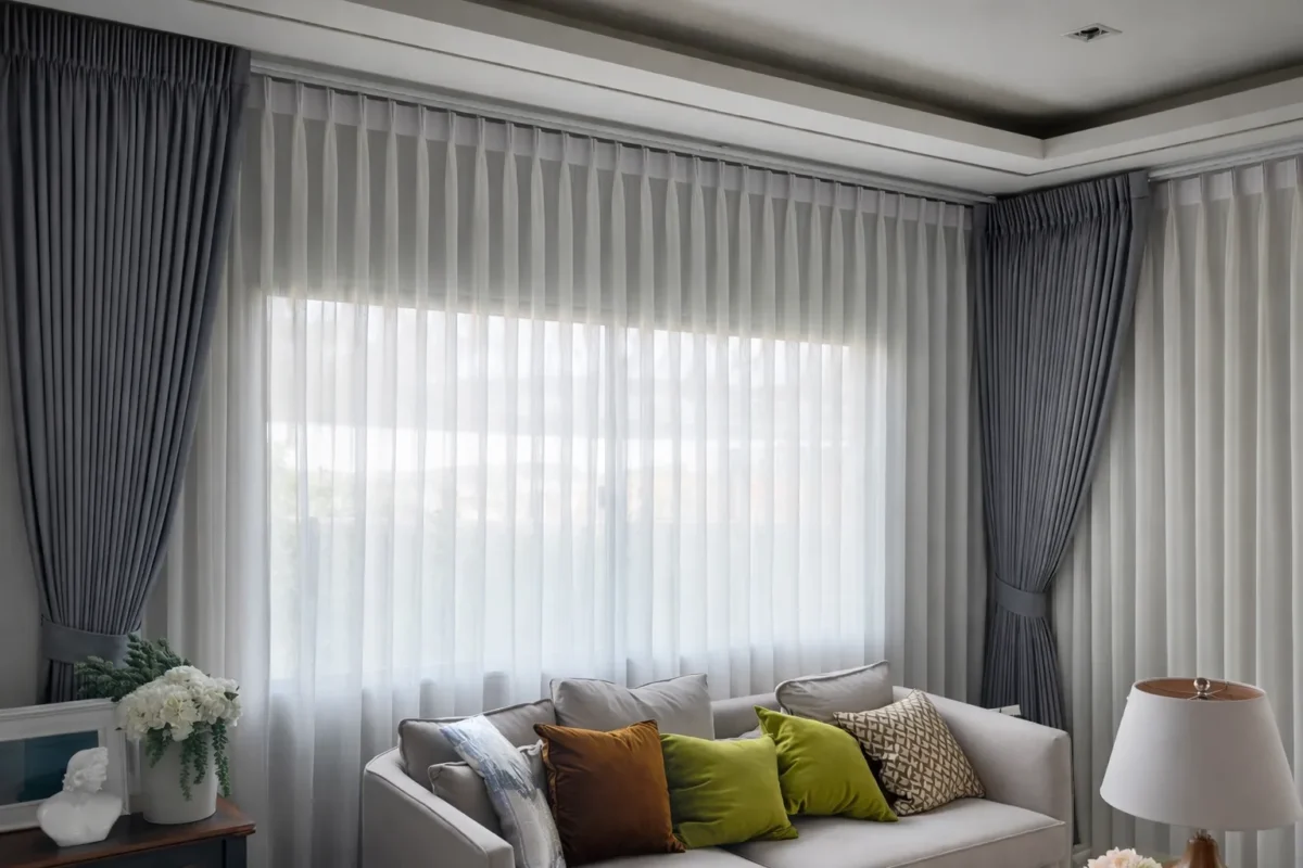 ผ้าม่านสีเทาคู่ผ้าม่านโปร่งสีขาว สไตล์โมเดิร์นอบอุ่นแบบ CA Decor ในห้องนั่งเล่น