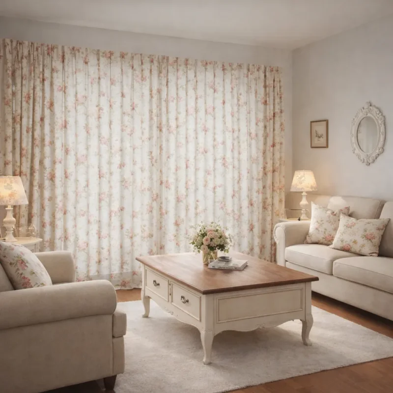 ผ้าม่านจีบลายดอกไม้โทนครีมชมพู ตกแต่งคู่กับห้องนั่งเล่นสไตล์วินเทจอบอุ่น