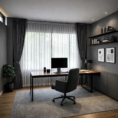 ผ้าม่านจีบสีเทา-ผ้าโปร่งแสง-ห้องทำงาน