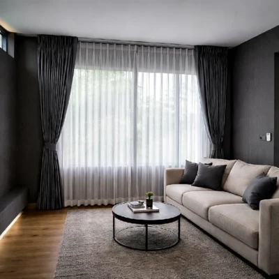ผ้าม่านจีบสีเทา-ผ้าโปร่งแสง-ห้องนั่งเล่น