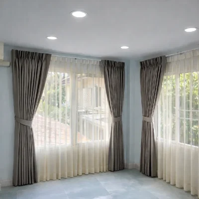 ผ้าม่านจีบสีเอิร์ทโทนไม่มีผ้าโปร่ง-ชายรางถึงพื้น-รางM-รูดมือ