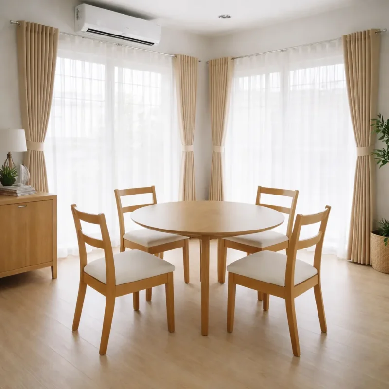 ผ้าม่านตาไก่สีเบจคู่ผ้าม่านโปร่งสีขาว สไตล์มินิมอลอบอุ่นแบบ CA Decor ในห้องรับประทานอาหาร