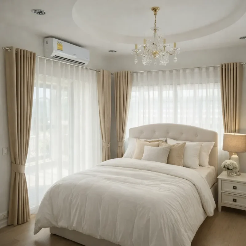 ผ้าม่านตาไก่สีเบจคู่ผ้าม่านโปร่งสีขาว สไตล์คลาสสิกหรูหราในห้องนอนโทนอุ่น