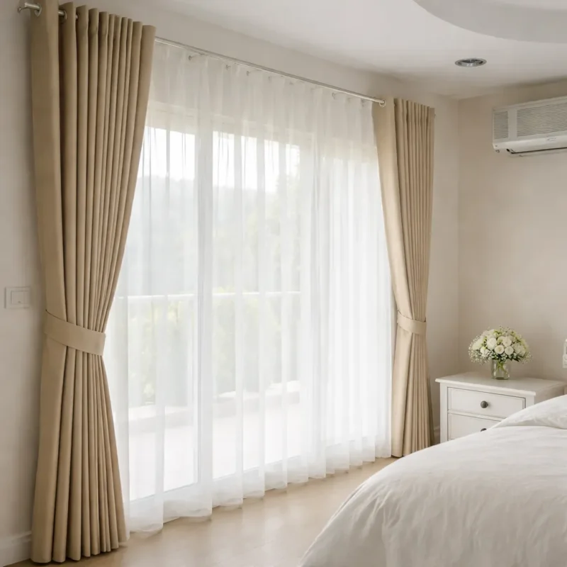 ผ้าม่านตาไก่สีเบจคู่ผ้าม่านโปร่งสีขาว สไตล์อบอุ่นเรียบหรูแบบ CA Decor ในห้องนอน