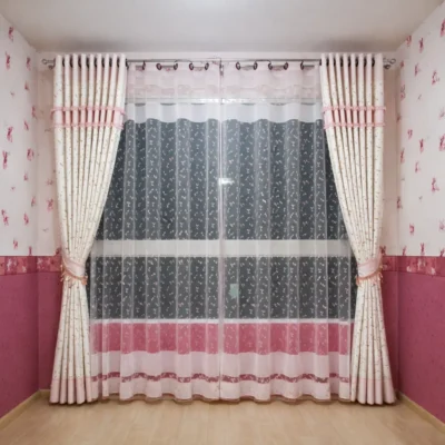 ผ้าม่านลายดอกโทนครีมชมพูคู่ผ้าม่านโปร่งลายดอก สไตล์หวานอบอุ่นแบบ CA Decor