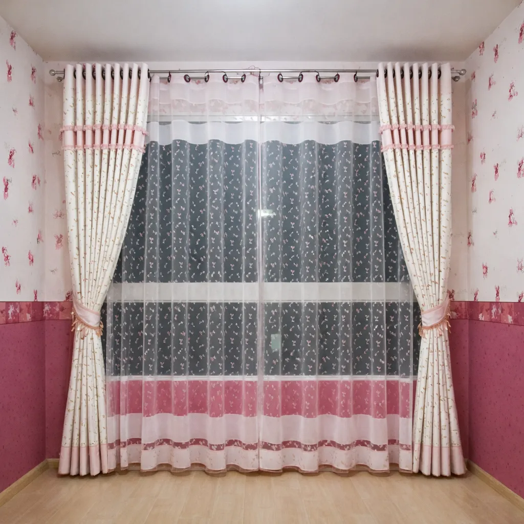 ผ้าม่านลายดอกโทนครีมชมพูคู่ผ้าม่านโปร่งลายดอก สไตล์หวานอบอุ่นแบบ CA Decor
