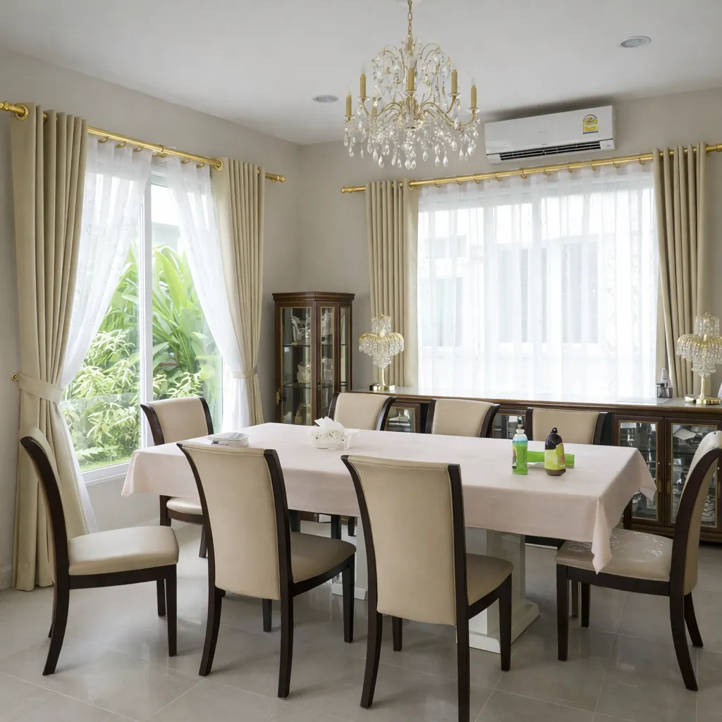 ผ้าม่านตาไก่สีเขียวอมครีมคู่ผ้าม่านโปร่งสีขาว สไตล์คลาสสิกอบอุ่น ติดตั้งในห้องรับประทานอาหารโทนหรูหรา