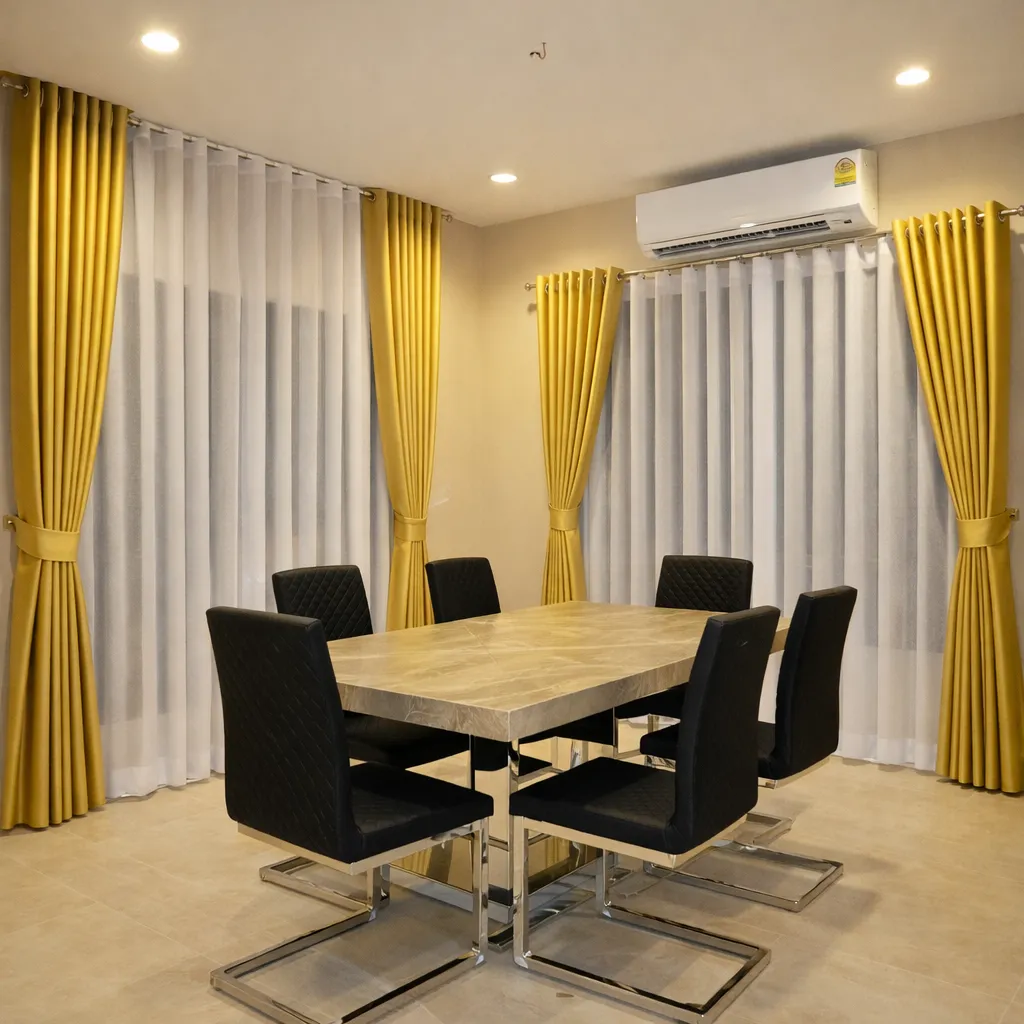 ผ้าม่านตาไก่สีเหลืองมัสตาร์ด เพิ่มความอบอุ่นให้ห้องทันสมัย