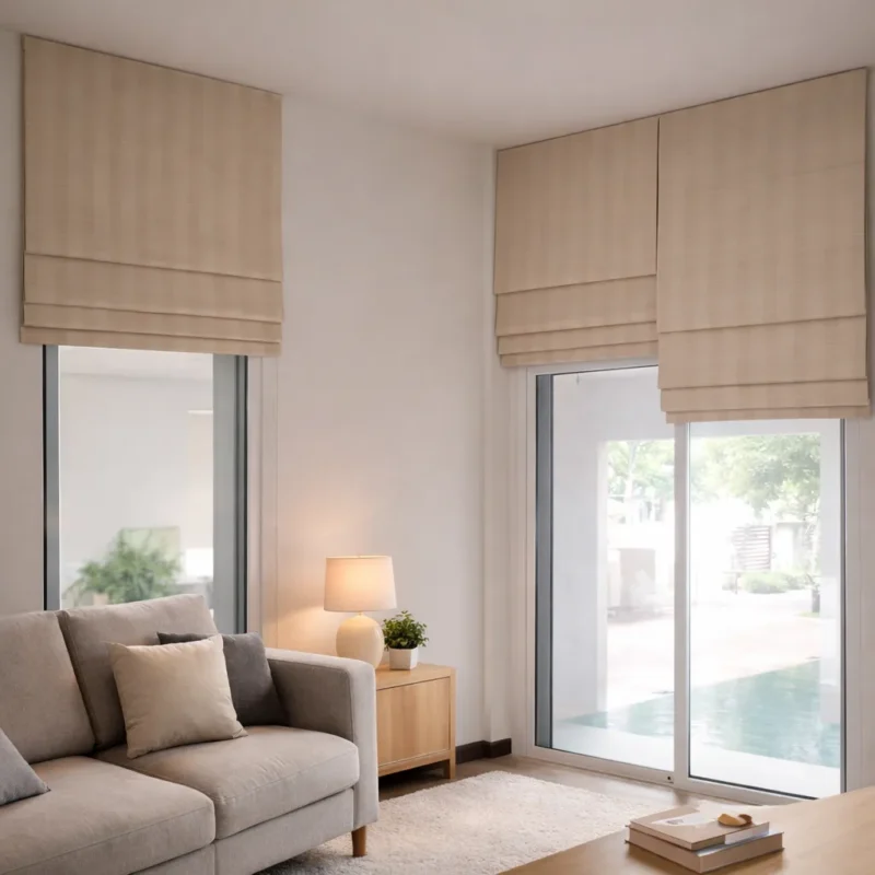 ผ้าม่านพับสีครีมติดตั้งในห้องนั่งเล่นสไตล์มินิมอลริมหน้าต่างกระจกบานใหญ่ มองเห็นวิวสระว่ายน้ำด้านนอก