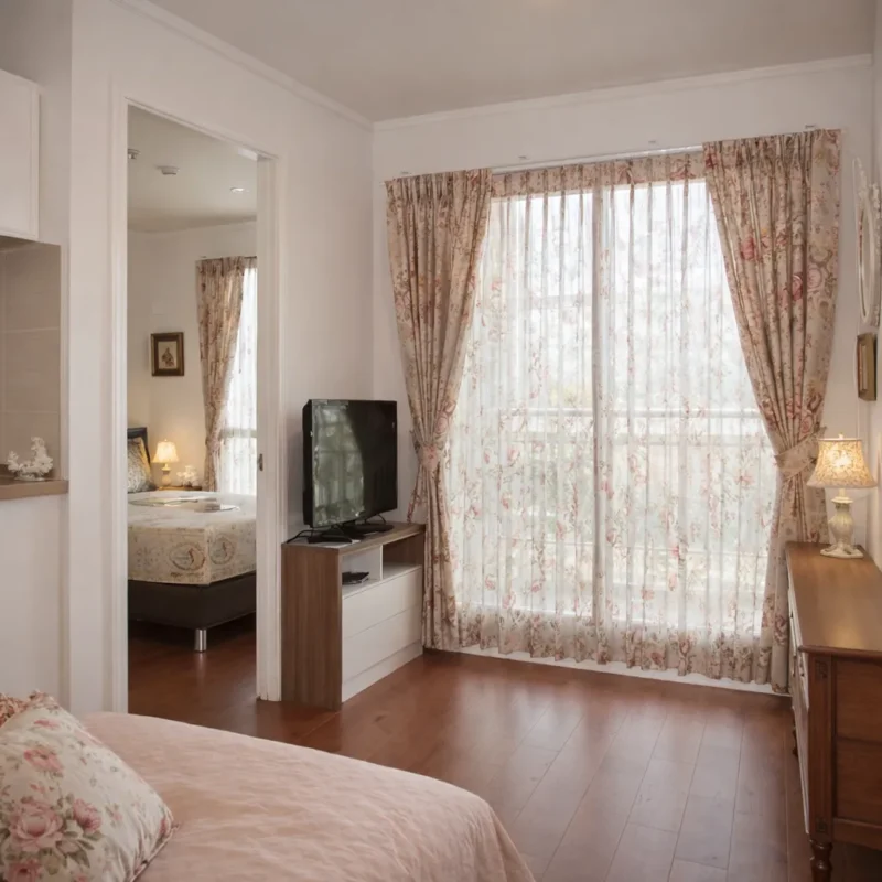 ผ้าม่านจีบลายดอกไม้ในห้องนอนสไตล์วินเทจอบอุ่น