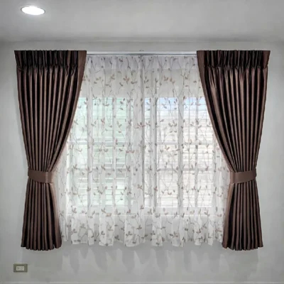 ม่านจีบสีน้ำตาล-ผ้าโปร่งลายดอก