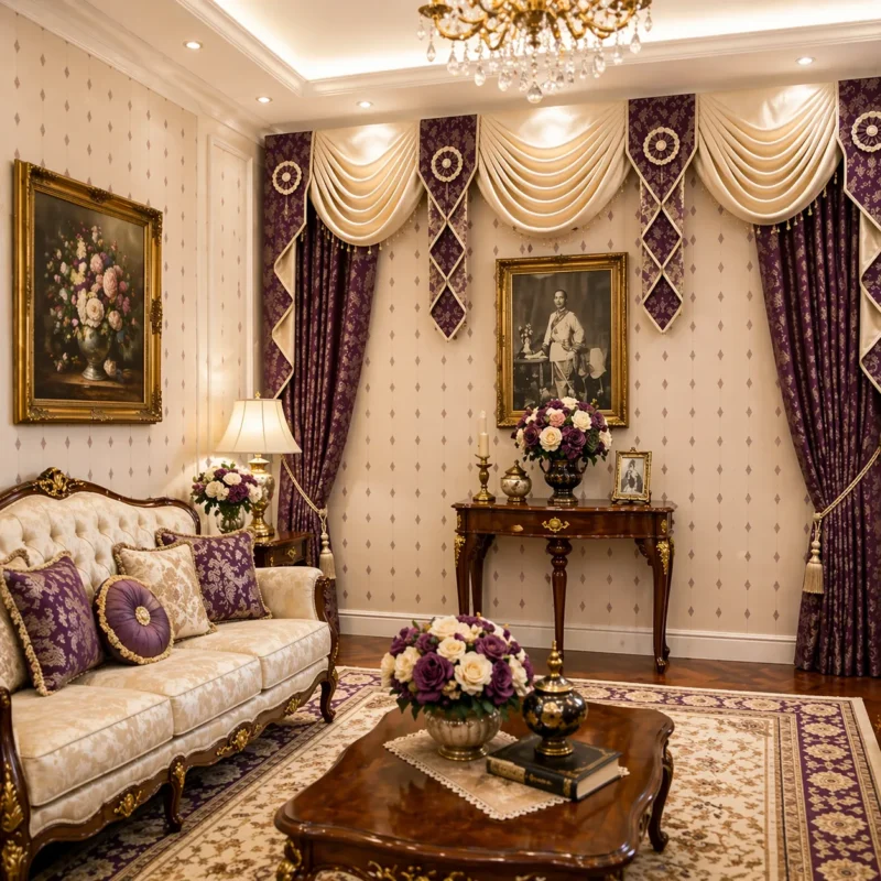 ผ้าม่านหลุยส์โทนม่วง‑ครีมพร้อมวาเลนซ์โค้งซ้อนชั้น พู่ทอง และผ้าโปร่งด้านใน ตกแต่งห้องรับแขกสไตล์คลาสสิกหรู