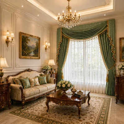 ผ้าม่านหลุยส์หัวเดี่ยวสีเขียวแต่งระบายทองพร้อมกล่องม่านซ่อนรางคลาสสิก CA-DECOR