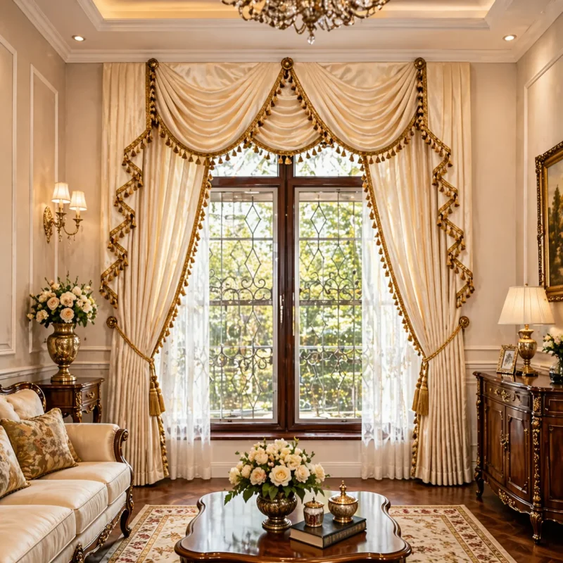 ผ้าม่านหลุยส์โทนครีมทองพร้อมวาเลนซ์จับเดรปหลายชั้นและพู่ทอง ตกแต่งห้องรับแขกสไตล์ยุโรปสุดหรู