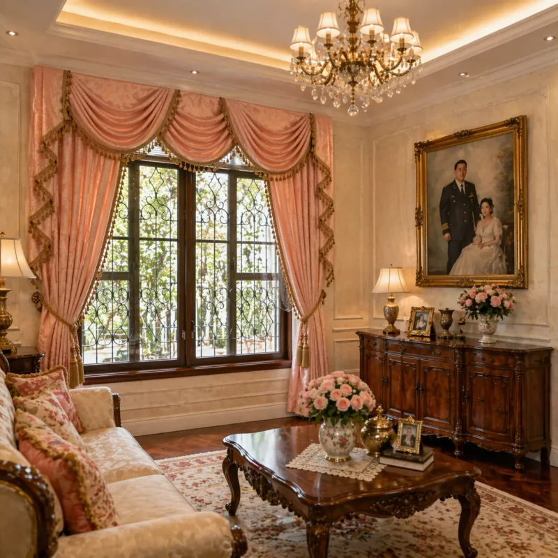 ผ้าม่านหลุยส์สีชมพูแต่งพู่ทอง พร้อมวาเลนซ์จับเดรปหรู ตกแต่งห้องนั่งเล่นสไตล์ยุโรปคลาสสิก