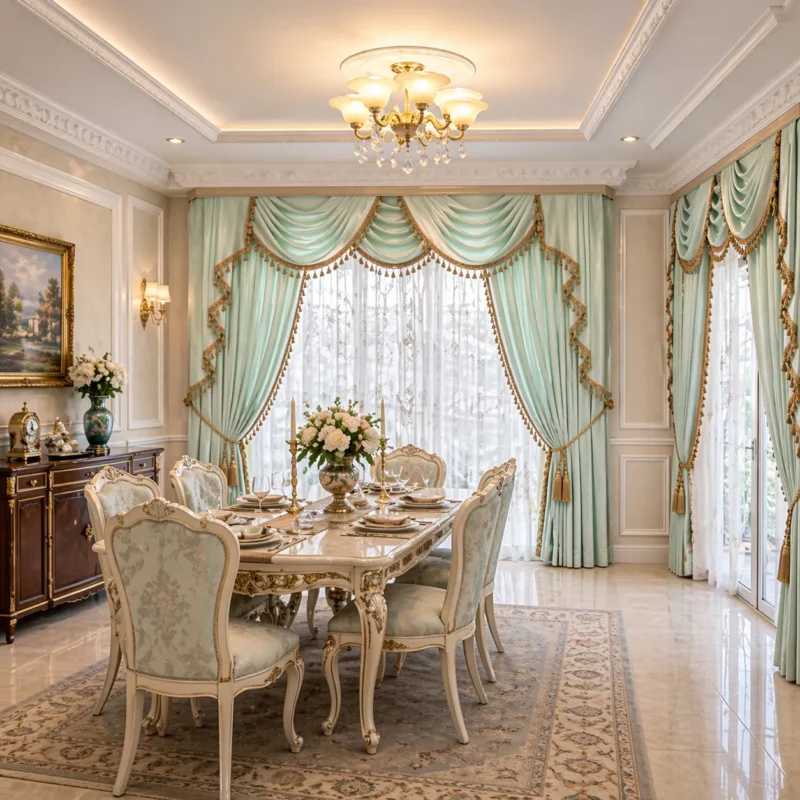 ผ้าม่านหลุยส์_สีเขียว-กล่องม่านซ่อนราง-บัวปลาสเตอร์อาร์ต-ห้องรับทานอาหาร_result