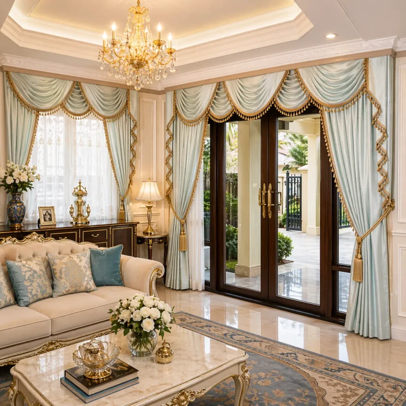 ผ้าม่านหลุยส์สีเขียวแต่งชายครุยทองในห้องนั่งเล่นสไตล์คลาสสิกหรู