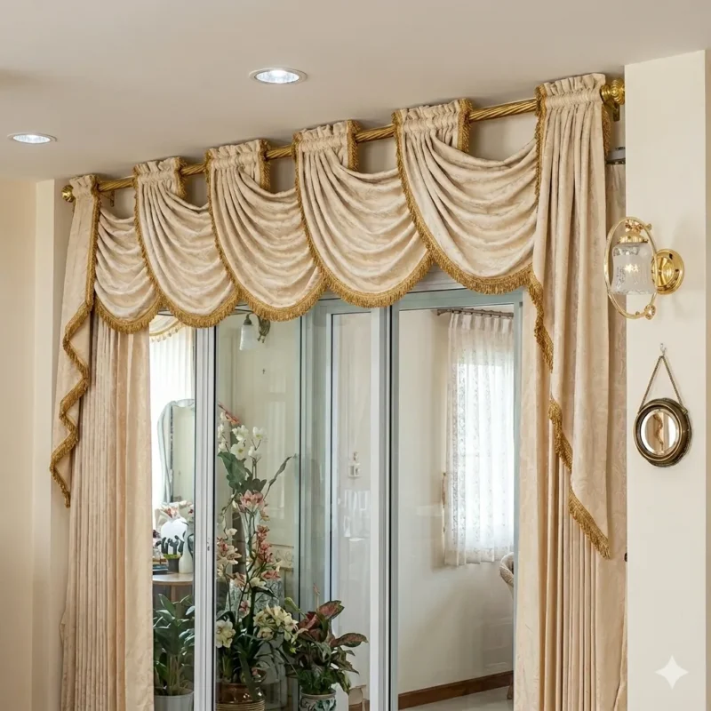 ผ้าม่านหลุยส์โทนครีมทองพร้อมวาเลนซ์โค้งซ้อนชั้นและพู่ประดับ ติดตั้งเหนือประตูบานเลื่อนกระจก สร้างบรรยากาศหรูหราและอบอุ่นในพื้นที่ภายในบ้าน