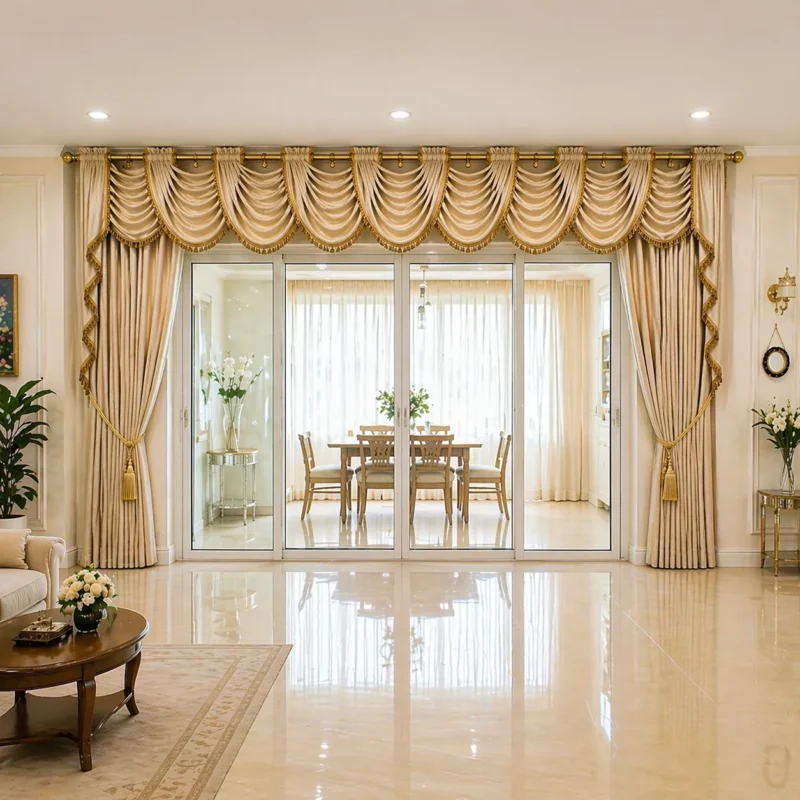 ผ้าม่านหลุยส์โทนทองครีมตกแต่งวาเลนซ์ซ้อนชั้นและพู่ทอง ประดับประตูบานเลื่อนกระจกระหว่างห้องรับแขกและห้องทานอาหาร สร้างบรรยากาศหรูหราอบอุ่น