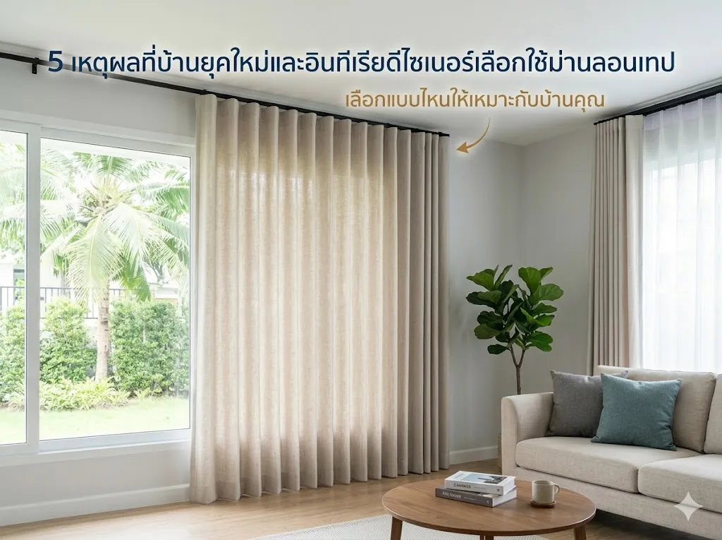 ม่านลอนเทปสีเบจในห้องนั่งเล่นสไตล์โมเดิร์นมินิมอล ตกแต่งสวยงามลงตัว