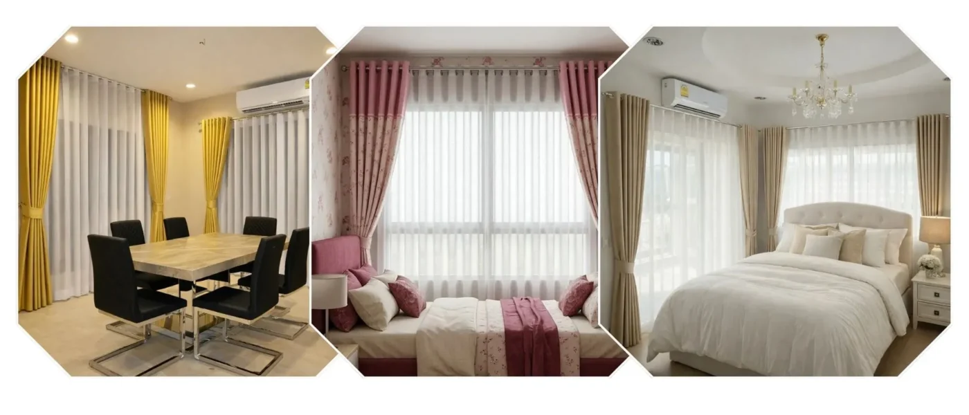 ผ้าม่านตาไก่โมเดิร์นเรียบหรูโทนสีน้ำตาลและสีครีมติดตั้งคู่ราวม่านตาไก่สีดำ