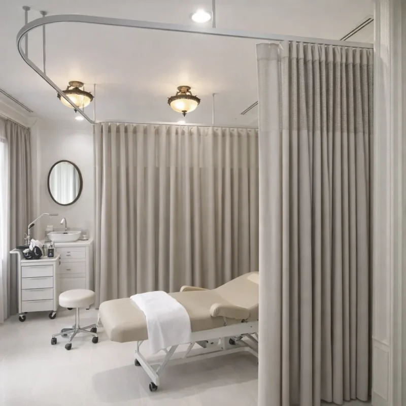 ห้องตรวจหรือห้องทำหัตถการที่มีผ้าม่านโรงพยาบาลสีครีมแขวนรอบเตียงตรวจ เพื่อความเป็นส่วนตัวและความสะอา