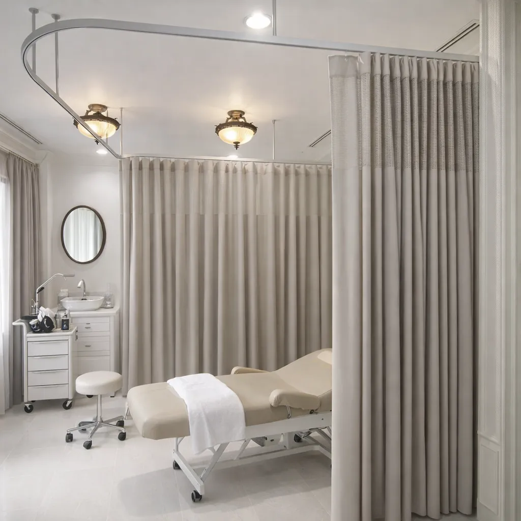 ห้องตรวจหรือห้องทำหัตถการที่มีผ้าม่านโรงพยาบาลสีครีมแขวนรอบเตียงตรวจ เพื่อความเป็นส่วนตัวและความสะอา