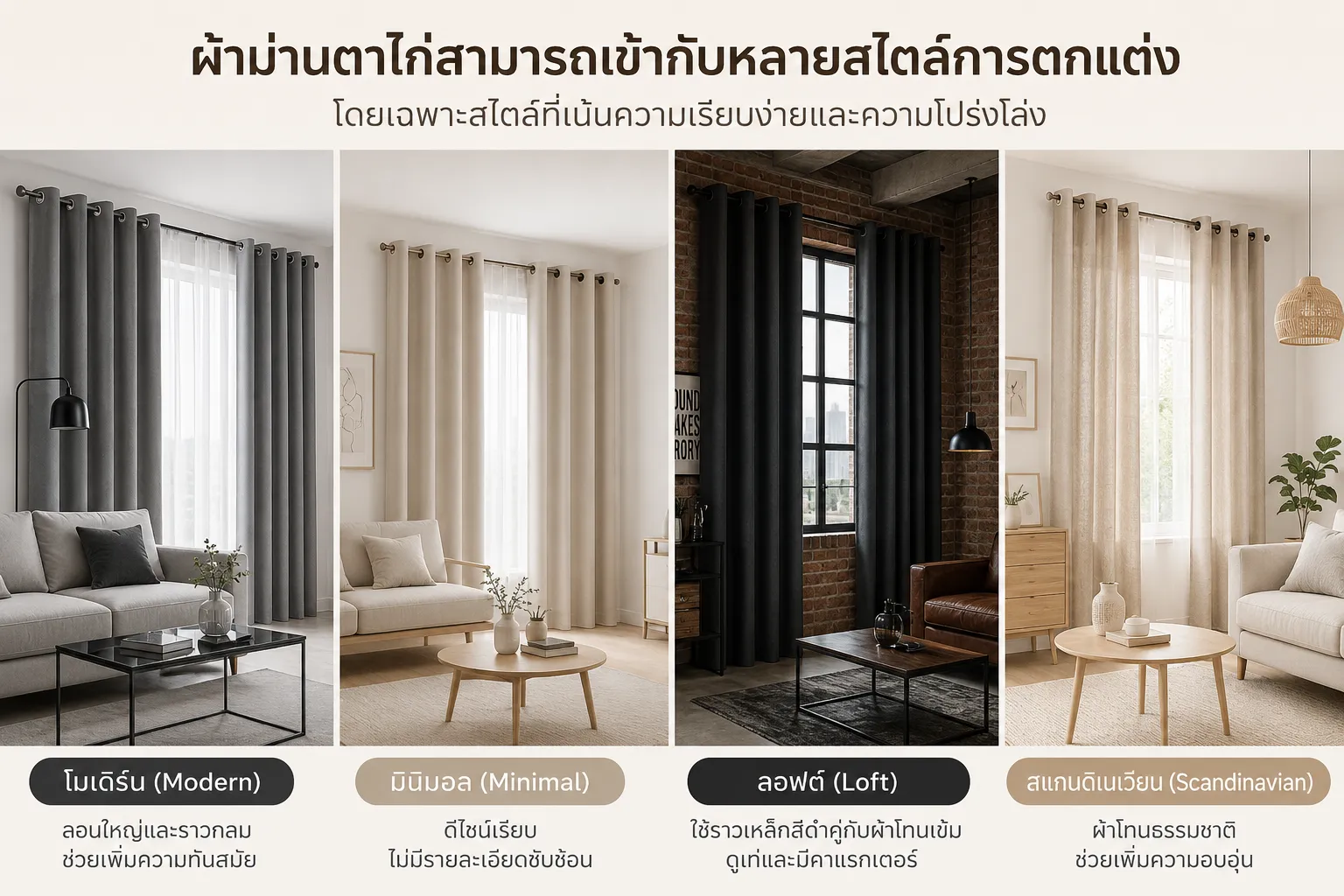 ตัวอย่างสไตล์การตกแต่งบ้านด้วยผ้าม่านตาไก่ดีไซน์โมเดิร์นเรียบหรู