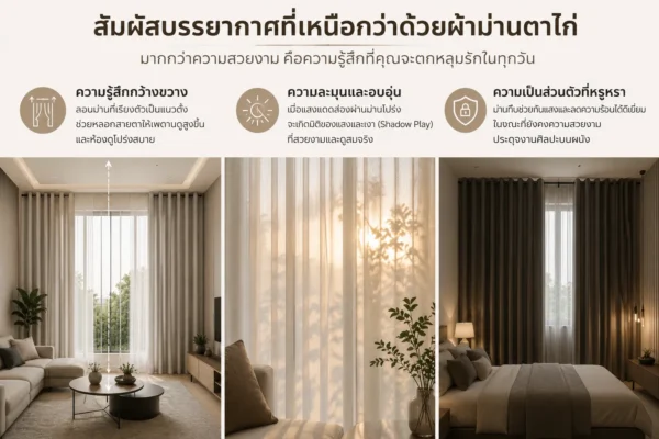 สัมผัสบรรยากาศที่เหนือกว่าด้วยผ้าม่านตาไก่ มากกว่าความสวยงาม คือความรู้สึกที่คุณจะตกหลุมรักในทุกวัน 3 บรรยากาศพร้อมภาพประกอบ ได้แก่ 1. ความรู้สึกกว้างขวาง แสดงภาพห้องนั่งเล่นสไตล์โมเดิร์นผ้าม่านสีครีมลอนตั้งช่วยให้เพดานดูสูงและโปร่งสบาย 2. ความละมุนและอบอุ่น แสดงภาพแสงแดดส่องผ่านผ้าม่านโปร่งสีขาวเกิดมิติแสงเงา Shadow Play และ 3. ความเป็นส่วนตัวที่หรูหรา แสดงภาพห้องนอนโทนอุ่นที่ใช้ม่านทึบแสงสีน้ำตาลเข้มช่วยกันแสงและลดความร้อนประดุจงานศิลปะบนผนัง