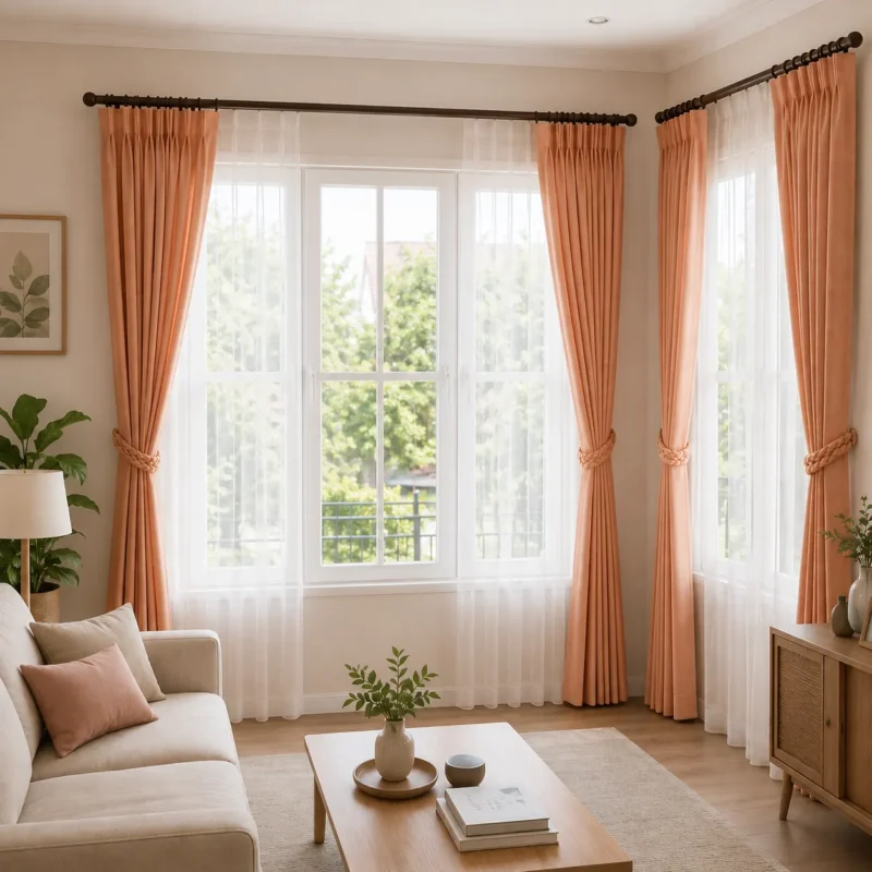 ผ้าม่านจีบรางโชว์สีส้มโอโรส สไตล์สดใสเรียบหรู CA.DECOR