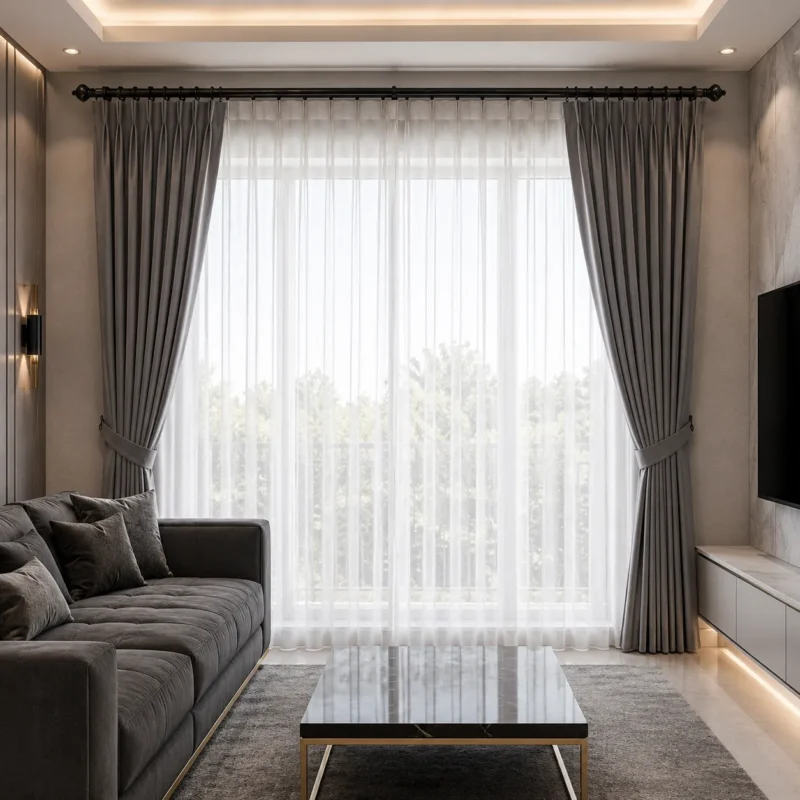 ผ้าม่านจีบสีเทา รางม่านสีดำด้าน ตกแต่งห้องสไตล์โมเดิร์น CA.DECOR