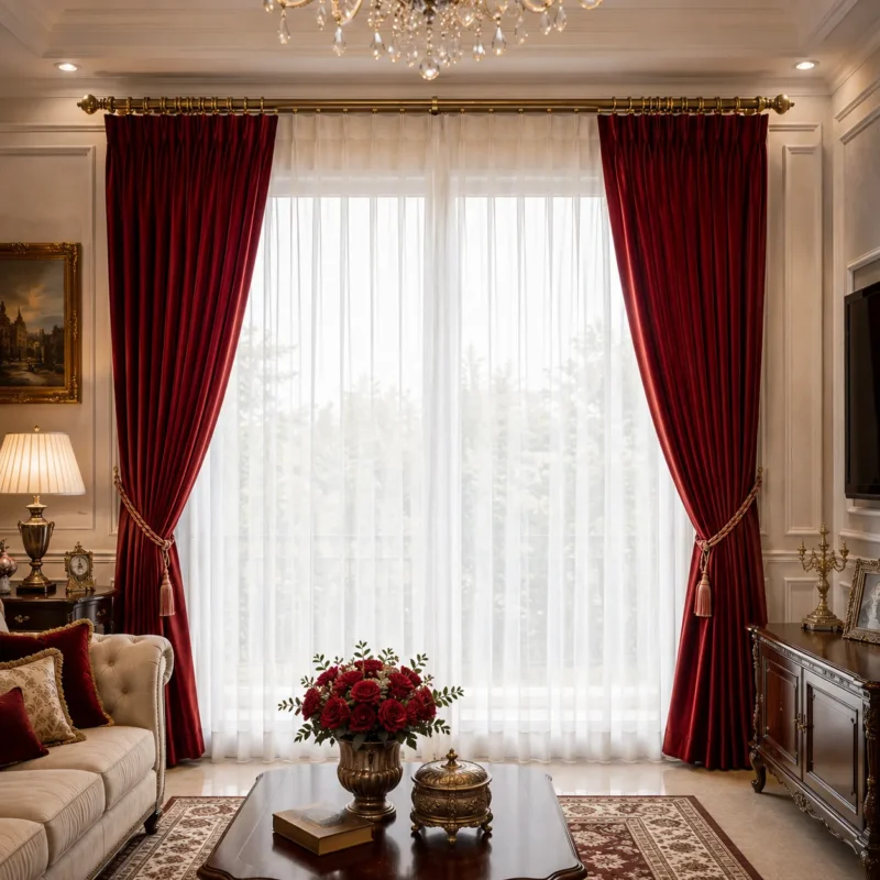 ผ้าม่านจีบรางโชว์สีแดงสไตล์คลาสสิก หรูหรามีระดับ CA.DECOR