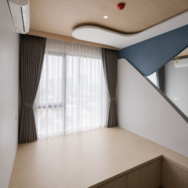 ม่านจีบสีครีมเทาในกล่องม่านบิวส์อินสไตล์โมเดิร์นหรูหรา CA.DECOR