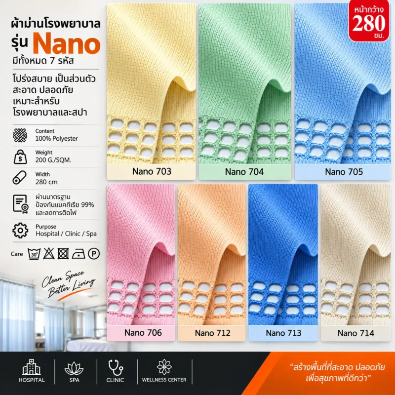 ผ้าม่านโรงพยาบาล รุ่น Nano มีตาข่ายระบายอากาศด้านบน ป้องกันแบคทีเรีย 99% สำหรับคลินิกและสปา
